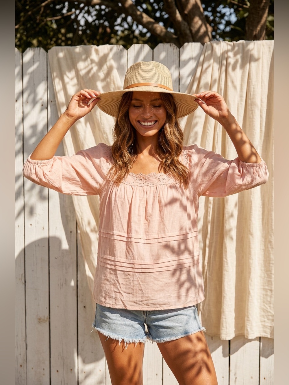 NWOT Pink Cotton Baby Doll Blouse with Lace Detail – Size S